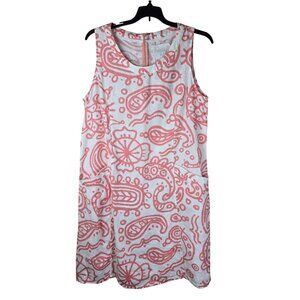 Pou Nou Sleeveless White & Coral Paisley Linen Shift Dress L/XL Coastal Vacation
